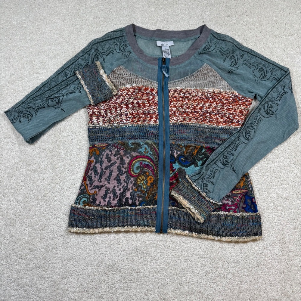Dalin Zip Up Cardigan Womens Medium Blue Multi Paisley Mixed Media Knit Jacket - Picture 2 of 6